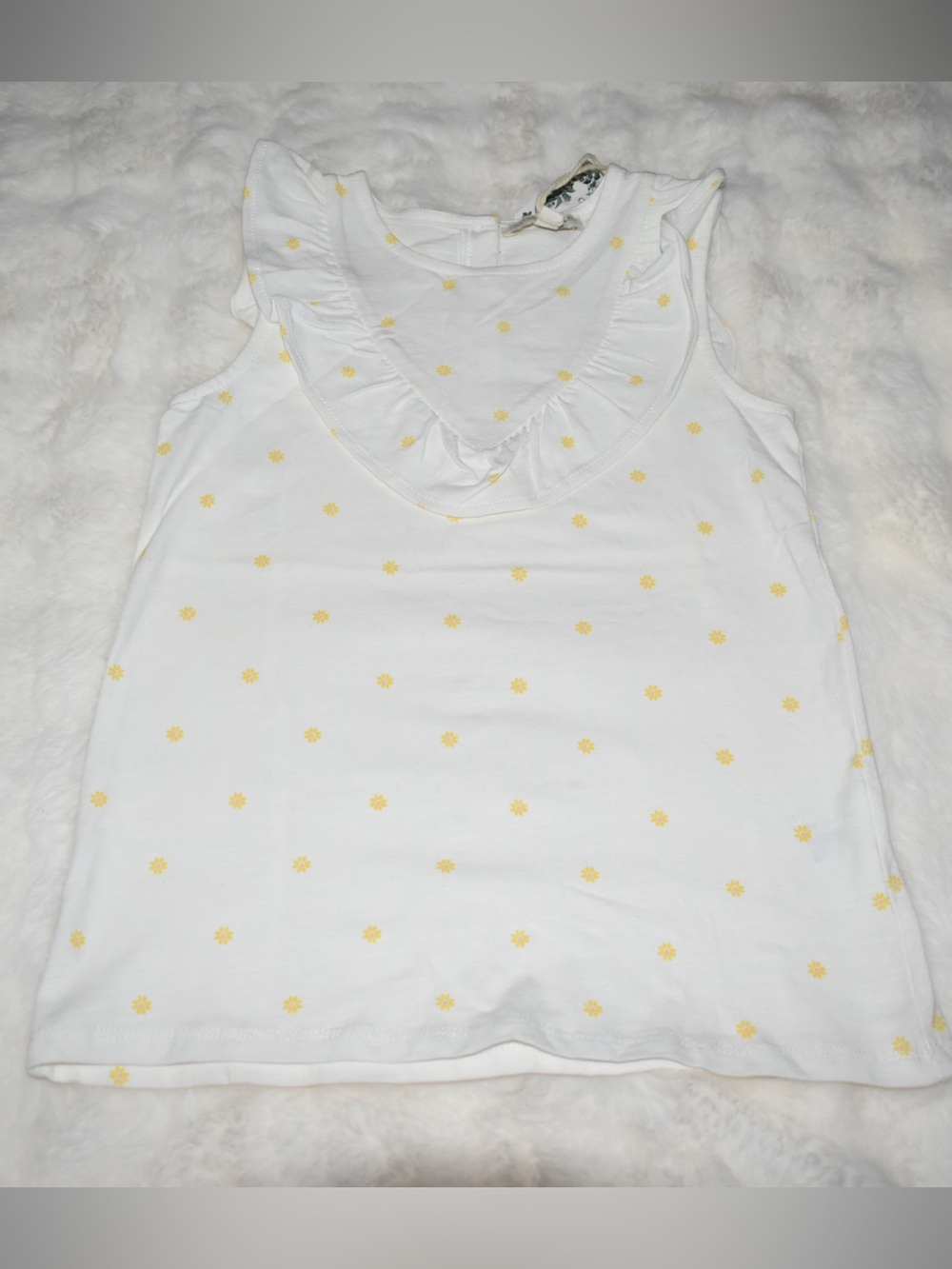 Chelsea & Violet White Tank Top with Yellow Daisy Print and Ruffle Neck